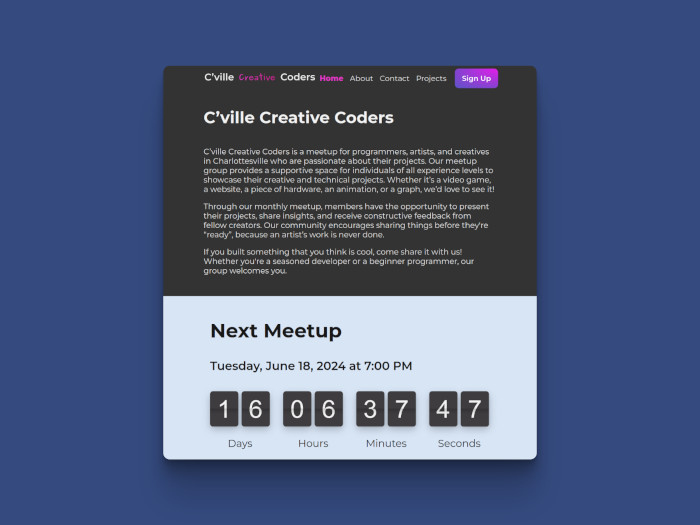 Screenshot of Cville Creative Coders website